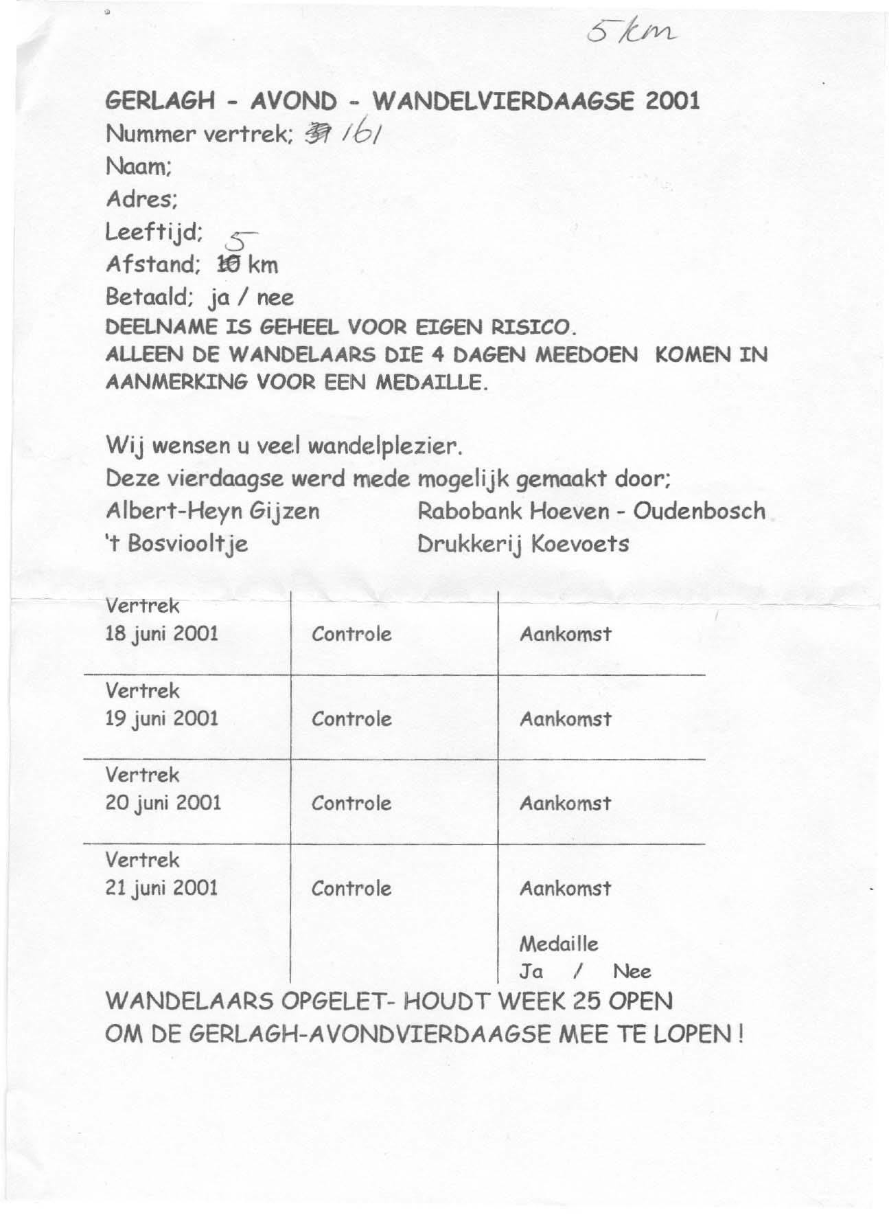 Inschrijfformulier Gerlagh-Avondvierdaagse 2001